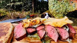 STEAK SANDWICH with FIRE-BAKED CHEESE  Recipe Prepared from Scratch in Nature MenWithThePot Style 🔥