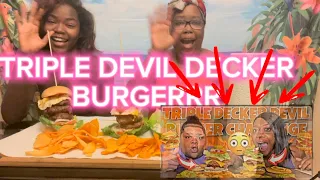 TRIPLE DECKER DEVIL BURGER CHALLENGE BY @m.msquadd2.043 @Getlitwitmoe || CHAT WIT US (HILARIOUS)