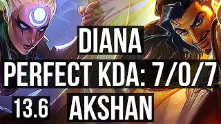 DIANA vs AKSHAN (MID) | 7/0/7, 2.7M mastery, Godlike, 300+ games | KR Diamond | 13.6