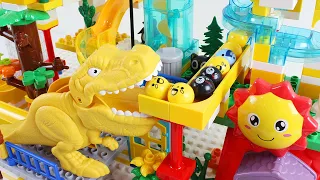 Marble Run Race ASMR ☆ Satisfying Building Block Yellow T-Rex & Dinosaurs and Animal Zoo Course #64