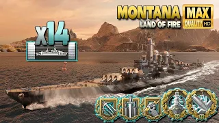 Battleship Montana: 14 citadelles on map Land of Fire - World of Warships