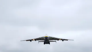 GIANT UKKM UR-82060 Antonov AN-225 Mriya landing in Hostomel airport 4K video