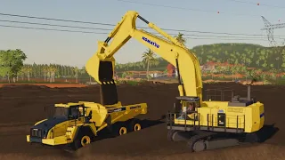 Farming Simulator 2019 - Excavator Komatsu PC1250 Digging Soil Loaded In Dump Truck Komatsu HM400-5