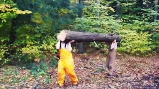 13 year old and 15 year old boys break 12 foot log in half