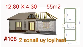 zamonaviy kam harajatli12.80x4.30 2xonali uy loyihasi,