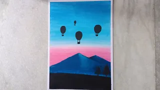 Hot air balloon scenery drawing with oil pastel | how to draw hot air balloon