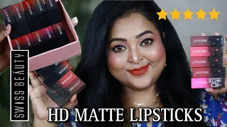 SWISS BEAUTY HD MATTE LIPSTICKS| 10 Shades| REVIEW SWATCHES| Must try Affordable Lipsticks at Rs.349