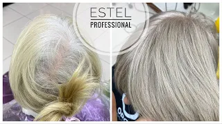 Эстель - окрашивание седых волос в холодный, бежевый блондин, без предварительного обесцвечивания