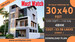 30x40 Feet Modern House Design 3D: 4 Bedrooms, 4 Bathrooms, 3 Floors, Terrace Garden - 1200 Sqft