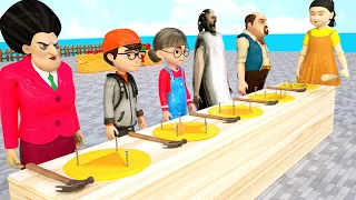 Scary Teacher 3D vs Squid Game Funny Challenge the troll game Who can nail the best through wood?