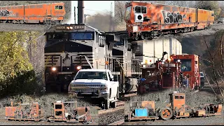 Plasser American PTS 62 Track Stabilizer Maintenance Of Way Crew, Norfolk Southern Intermodal train