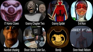 IT Horror Clown, Granny Chapter Two, Evil Nun, Nextbot Chasing, Shoot Skibd Toilet Survival.io