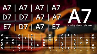 Slow Blues Jamtrack in A with Chords & Scales; 12 Bar Blues Shuffle 60 bpm Backing Track