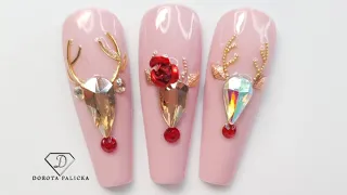 Christmas Nail Art. Crystal Placement Rudolph Reindeer Nail Art. Easy Christmas Nails