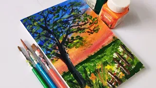 A Tree in Peaceful Sunset || Beautiful Acrylic Painting Step by Step for Beginners