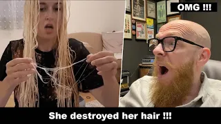 SHE DESTROYED HER HAIR WITH BLEACH !!! Hairdresser reacts to hair fails #hair #beauty