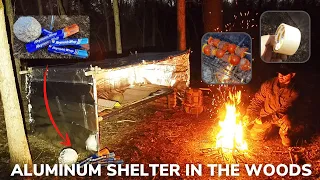 Solo Overnight Building an Aluminum Foil Shelter In the Woods and Ribeye Kabobs