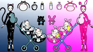 Vestir Muñecas De Papel | Pregnant Mother Black Cat And Pink Rabbit Costume | Woa Doll En Spanish