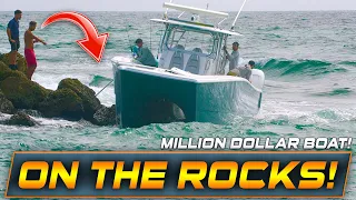 MILLION DOLLAR BOAT CRASHES INTO ROCKS AT BOCA INLET !! | HAULOVER INLET BOATS | WAVY BOATS