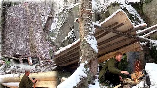 Early Winter Bushcraft Build Natural Primitive Bark Roof Lean To Shelter Campfire Cooking on Stone