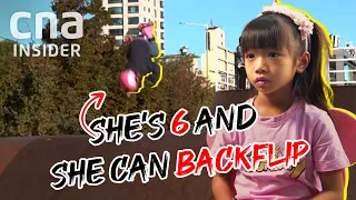 Tiny 6-Year-Old Skater Backflips Off Ramps Three Times Her Height