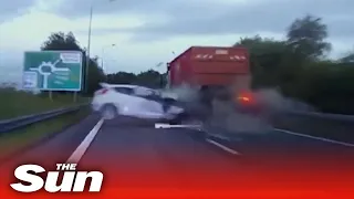 Car ‘EXPLODES’ after hitting lorry during 100mph police chase