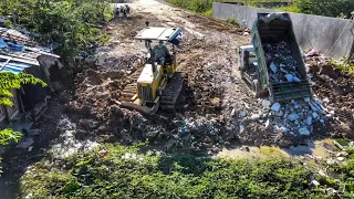 Incredible,Technical Skill Drive Dozer Pushing Land Stone Waste Cement Clear The Lake With DumpTruck