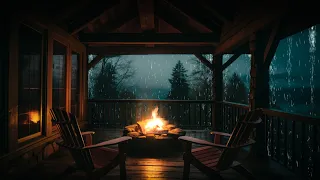 Cozy Cabin Porch | Heavy Rain & Crackling Fire At Night