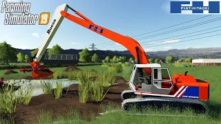 Farming Simulator 19 - HITACHI FH200 Long Stick Excavator Digs Dirt From A Pond