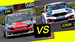 Standard Race Car Vs BTCC BMW 330e M Sport at Snetterton 300 | Head to Head in Peugeot 206 Gti 180