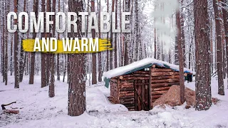 Winter bushcraft shelter, ASMR building Cabin in the woods