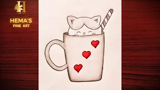 Easy Cup drawing || How to Draw a Cute Cat in a Cup - Step by Step || Pencil sketch tutorial