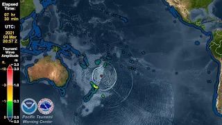 Tsunami Forecast Model Animation:  Three Tsunamis in One Day From the Tonga-Kermadec Subduction Zone