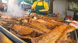 Italy Street Food. Best of Brazilian Meat on Huge Grill, Big Load of Burgers and more Food