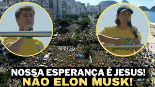 Nikolas Ferreira e Michelle Bolsonaro discursam em manifestação no Rio de Janeiro