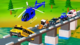 Broken Bridge School Bus Accident Helicopter JCB Rescue Cartoon Vehicles 3d Animation Video