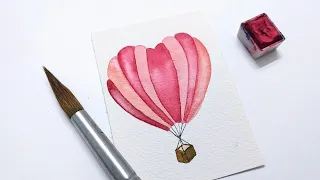 Beginner watercolor heart air balloon painting tutorial » EASY Valentine's Day Card ideas 2023 DIY