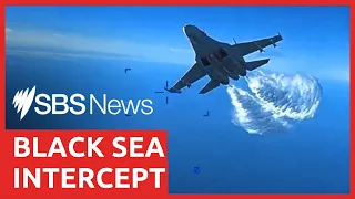 US Reaper drone video shows Russian jet dumping fuel on aircraft over Black Sea | SBS News