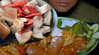 Eating Spicy Naga Style Pork Curry + Cucumber + Lady Finger Boil and King chilli with Rice ||