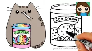 How to Draw Tub of Rainbow Ice Cream | Pusheen