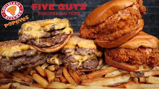 ASMR FIVE GUYS TRIPLE CHEESE BURGERS & FRIES, POPEYES SPICY CHICKEN SANDWICHES MUKBANG