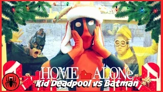 Kid Deadpool vs Batman Burglar Home Alone Opening Christmas Presents real life movie SuperHero Kids