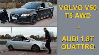 SLIP TEST - Volvo V50 R-Design T5 AWD  vs  Audi A4 1.8T Quattro - @4x4.tests.on.rollers