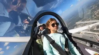 Glider flight lesson from inside the cockpit of a Grob G103C glider.  Student pilot learns to fly.