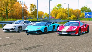 Ferrari 488 Pista Piloti vs Lamborghini Aventador SV vs Porsche 911 Turbo S (800 hp) | FH4 Drag Race