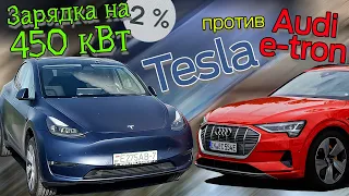 Битва на зарядке мощностью 450 кВт. Кто быстрее зарядится - Tesla Model Y или Audi e-tron?