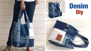 sewing diy a large denim tote bag tutorial from scrap old jeans , jeans bag diy , denim shopping bag