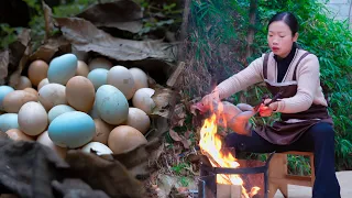 Chinese country girl, cooking with Silky fowl chicken and eggs | wild girl