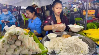Rainy Cambodian street food, Delicious Yellow Pancakes, Spring Rolls, Fried Short Noodles & More