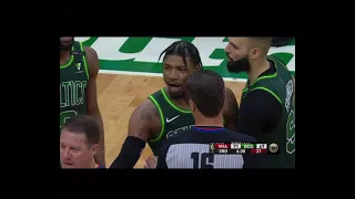 Marcus Smart Duncan Robinson and Tyler Hero trips over each other legs and fights after